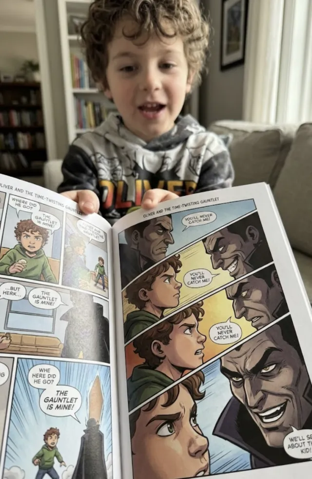 Oliver with their personalized comic